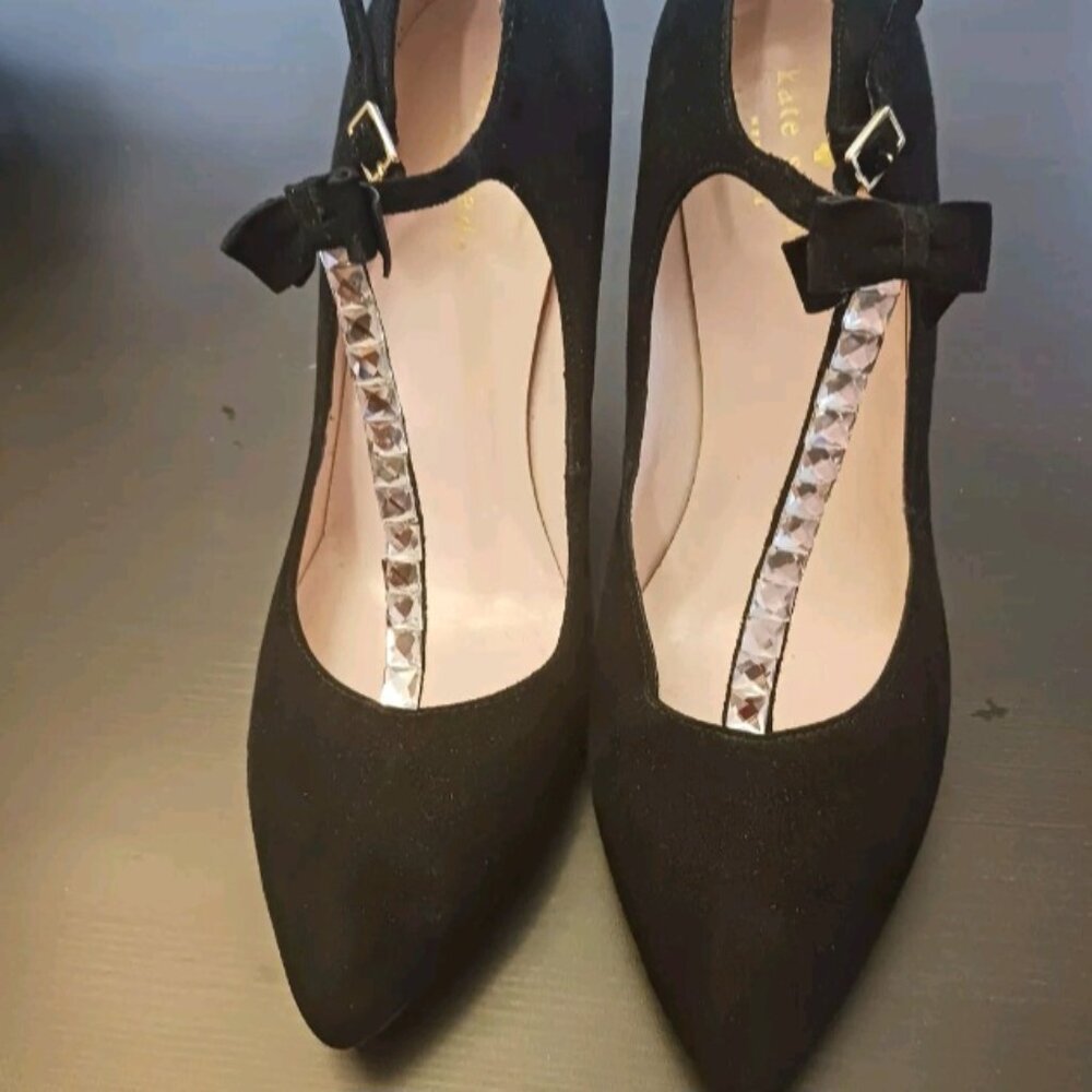 Kate Spade New York Black Suede Strappy Heels with Rhinestones and Bows Size 7.5